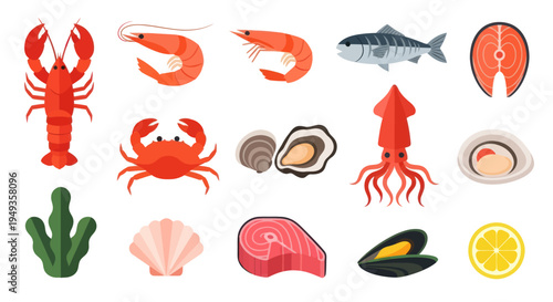 Seafood assortment lobster shrimp fish and shellfish