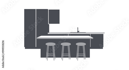 Minimalist kitchen design featuring a dark l shaped island with bar stools