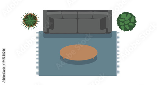 Top down view of a modern living room arrangement with sofa and rug