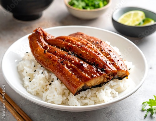 Glazed eel fillets over rice, sesame seeds; sides include chopped greens, lime, and chopsticks