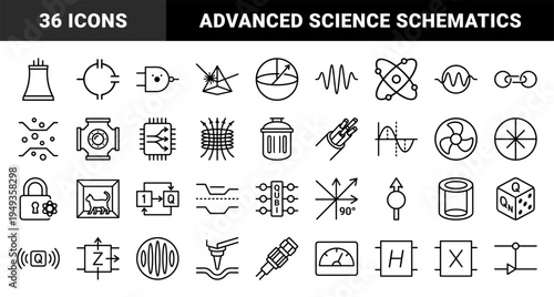 Quantum computing and theoretical physics schematics in a technical monoline style. Professional black and white diagrams for scientific data visualization.
