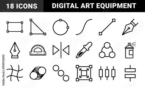 Graphic design and digital illustration tools featuring vector editing handles, pen nibs, and transform controls. Professional technical monoline pictograms for creative software interfaces.