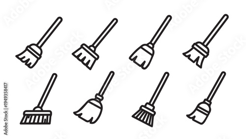 Broom Icons Set Vector Collection Different Types of Brooms for Cleaning Isolated on White Background