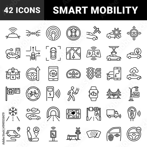Autonomous driving and smart city mobility infrastructure elements featuring vehicle connectivity and intelligent transportation systems in monoline style.