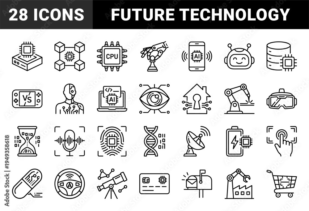Fototapeta premium Artificial intelligence and digital future technology elements for web interfaces. Technical monoline pictograms featuring robotics and automation.