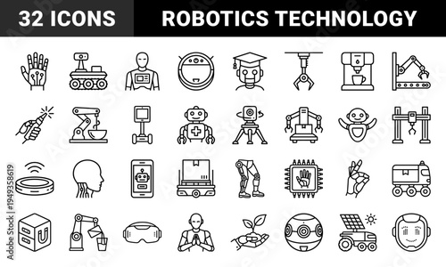 Robotics and artificial intelligence automation technology features. Technical monoline pictograms for industrial engineering and smart machine systems.