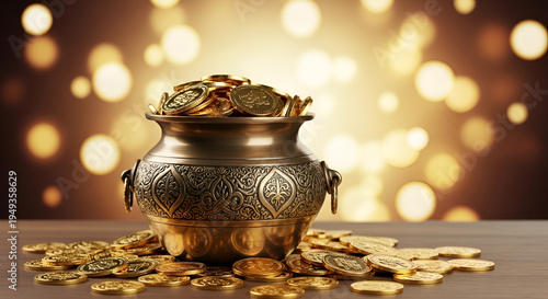 Golden Brass Pot Filled with Coins for Wealth and Prosperity Festival Illustration Happy Dhanteras background with golden pot and gold coins - ai generative