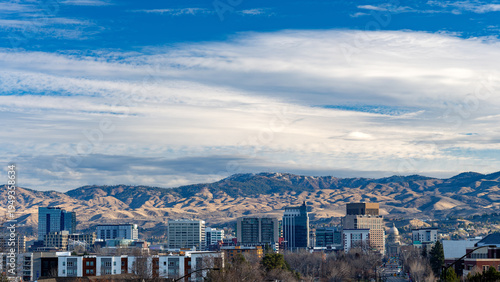 Boise skyline with foothills and clouds in the sky