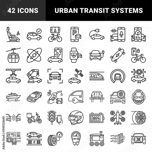 Future mobility and smart transportation systems featuring electric vehicles, autonomous driving, and urban transit in technical monoline art.