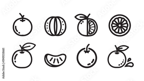 Citrus Fruit Icons Set: Oranges Slices Segments Whole Fruit Line Art Style