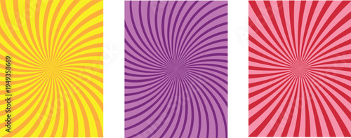 Retro sunburst rays background set in yellow purple and red comic style spiral wave