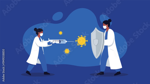 Two medical doctors fighting against dangerous virus particles using a giant syringe and a large protective shield.