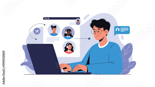 Student using a laptop for an online video conference with several teachers or participants displayed in round icons.