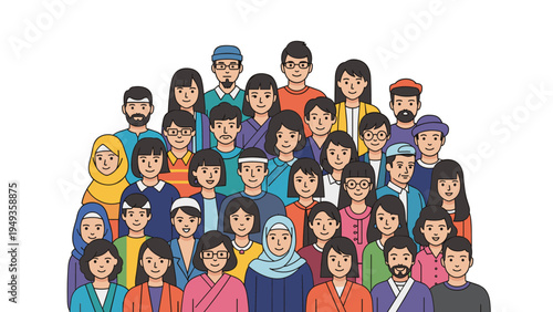 Large group of diverse people illustrations showing various ages and ethnicities together in a flat cartoon style.