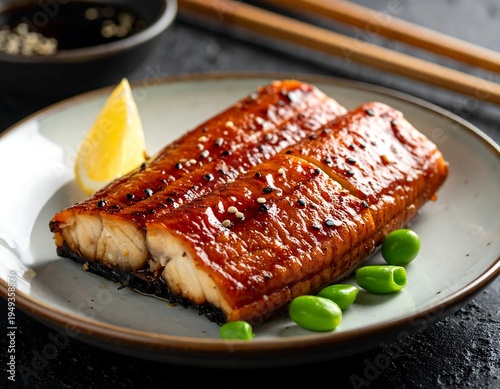Glazed eel with edamame and lemon sits on a plate, next to dipping sauce and chopsticks on a dark textured surface