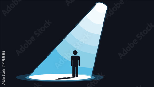 Silhouette of a person standing alone in a bright beam of light from a single spotlight against a dark background.