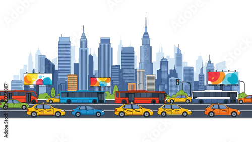 Busy city landscape with tall skyscrapers and heavy traffic including yellow taxis and red buses on a wide urban road.