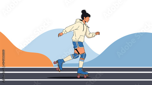 Young woman roller skating on a paved path with colorful hills and a clear blue sky in the background on a sunny day.