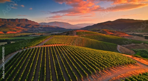Vineyards in aerial drone video over a vineyards in an amazing Chilean landscape, Sunset.