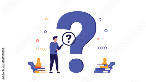 Man examining a giant blue question mark through a magnifying glass symbolizing search for answers and information in a flat vector style.