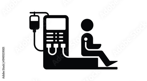 Single solid silhouette icon of patient connected to dialysis machine, representing kidney treatment, blood purification and medical healthcare therapy.