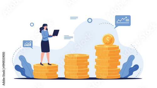 Businesswoman standing on stacks of gold coins while working on a laptop to represent financial growth and investment.