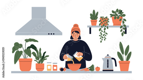 Woman in a cozy kitchen preparing a healthy meal with fresh vegetables surrounded by many green indoor plants.