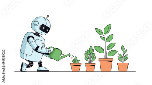 Small friendly robot watering a row of potted plants on the floor to demonstrate automation and green technology.