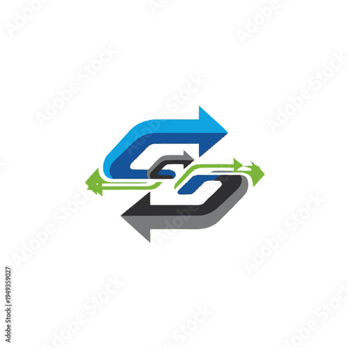 Abstract modern arrows symbol in blue, green, and grey, depicting data exchange, transfer, refresh, connection, and movement.