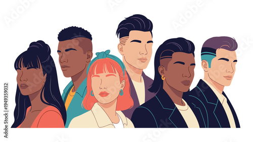 Group of diverse and stylish young people standing together representing multiculturalism and modern youth fashion.