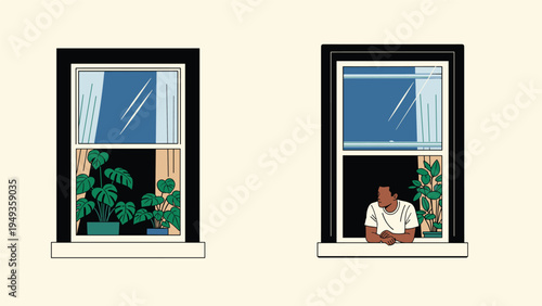 View of two apartment windows from the outside with one showing lush green plants and the other a man looking out.