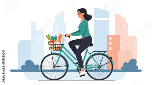 Woman cycling on a green bike with a front basket full of fresh groceries through a modern city with skyscrapers.