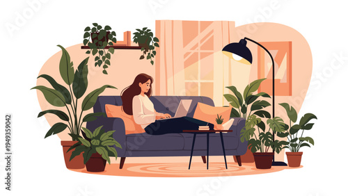 Young woman working comfortably on a laptop while relaxing on a sofa in a living room filled with indoor plants.