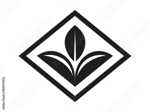Abstract geometric leaf Black and white diamond shaped emblem with stylized sprouting seedling and leaf