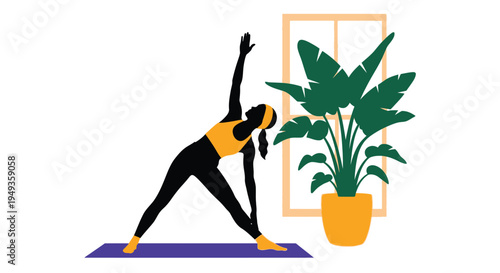 Silhouette of a woman practicing yoga near a window with a plant