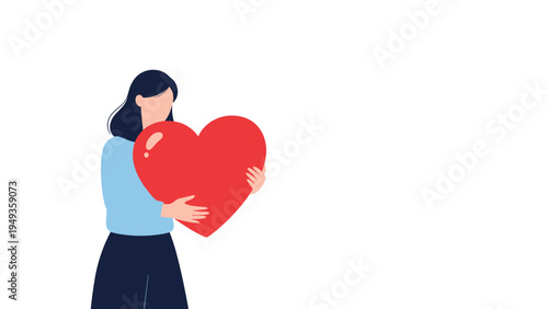 Young woman holding a very large red heart against a plain white background to represent love and kindness.