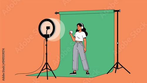 Content creator woman filming a video with a ring light and smartphone against a professional green screen studio.