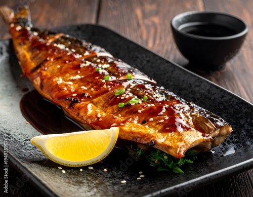 Glazed grilled fish, resting on greens with lemon slice on textured plate, accompanied by black soy sauce bowl