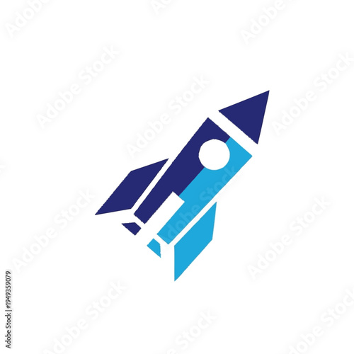 Stylized blue and white rocket icon launching upward, symbolizing startup success, technology innovation, business growth, and future progress