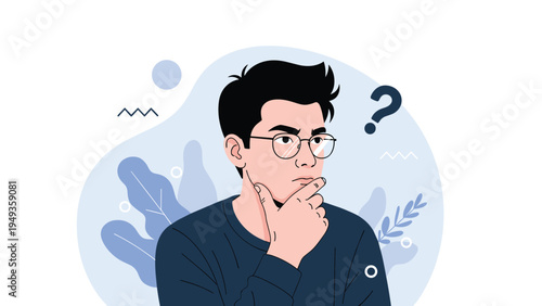 Young man with glasses and a thoughtful expression touching his chin while contemplating a difficult question.