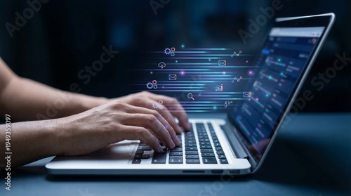 Fotografía Person typing on a laptop with data streams and digital icons
