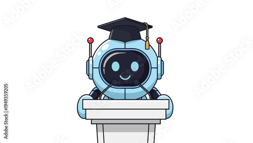 Cute little robot wearing a black graduation cap standing at a white podium to represent education and artificial intelligence.