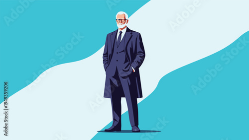 Elegant older businessman with a grey beard wearing a navy blue suit and overcoat standing confidently against an abstract background.