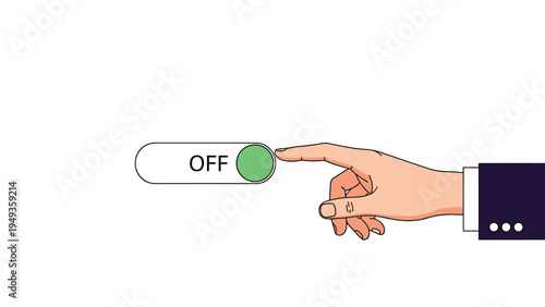 Person wearing a business suit pressing a green button to turn a white switch off against a clean white background.