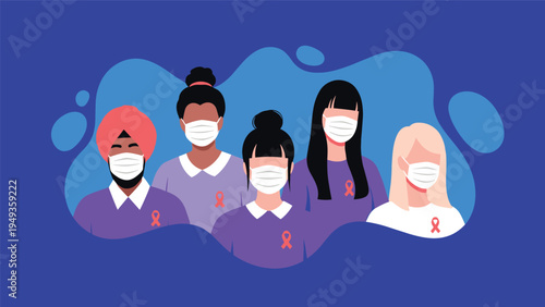 Diverse group of people wearing face masks and pink ribbons to show support for breast cancer awareness and health.