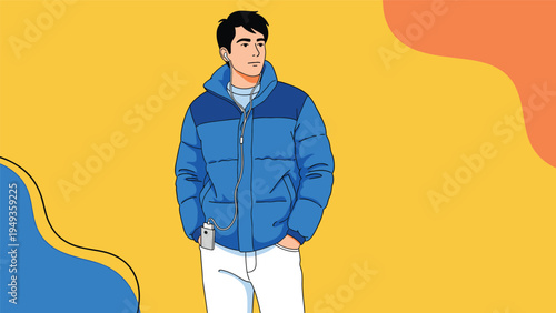 Young man with dark hair wearing a blue puffer jacket and listening to music through earphones against a colorful background.