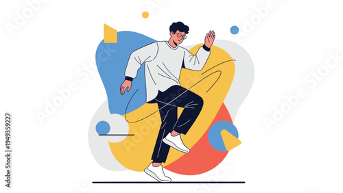 Dynamic young person jumping and dancing with joy against a background of colorful abstract geometric shapes.