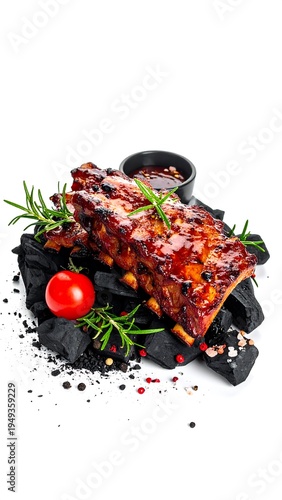 Glazed ribs atop charcoal, garnished with rosemary, beside a small bowl of dark sauce and a single red tomato
