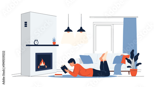 Person lying on a rug and reading a book in a cozy living room next to a warm fireplace during a cold winter day.