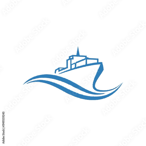 Blue ship and waves icon. Generic ocean freighter, cargo boat, or cruise vessel logo. Sea transport and shipping symbol design.